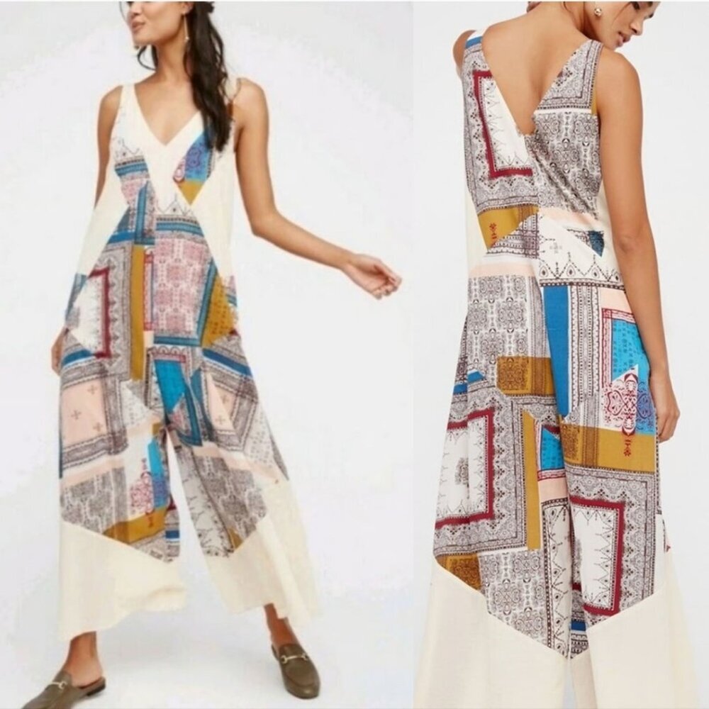 Free People All Patched Up Patchwork Wide Leg Jumpsuit Size Small 41343